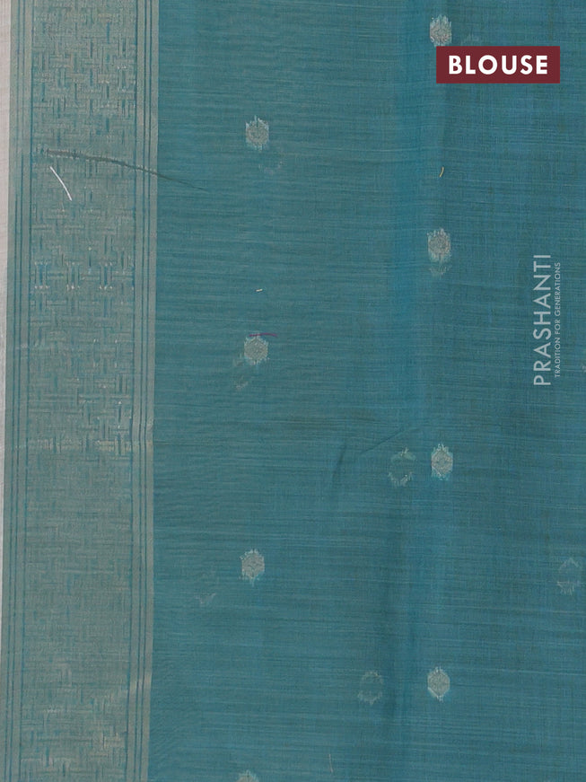 Munga cotton saree beige and teal blue with thread woven buttas in borderless style