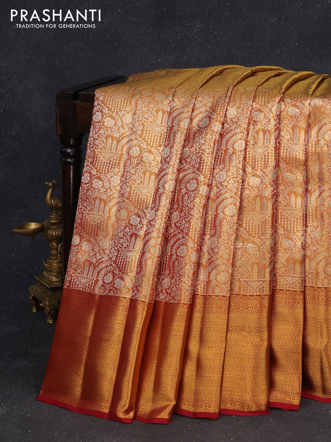 Pure kanchipuram tissue silk saree gold and maroon with allover silver zari woven butta weaves and zari woven border