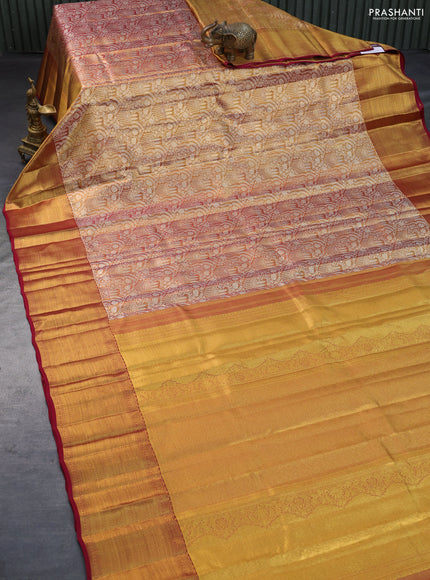 Pure kanchipuram tissue silk saree gold and maroon with allover silver zari woven butta weaves and zari woven border