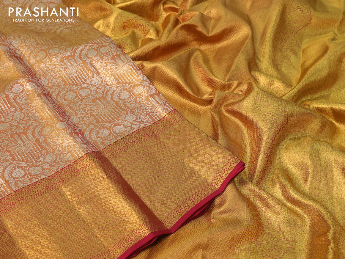 Pure kanchipuram tissue silk saree gold and maroon with allover silver zari woven butta weaves and zari woven border