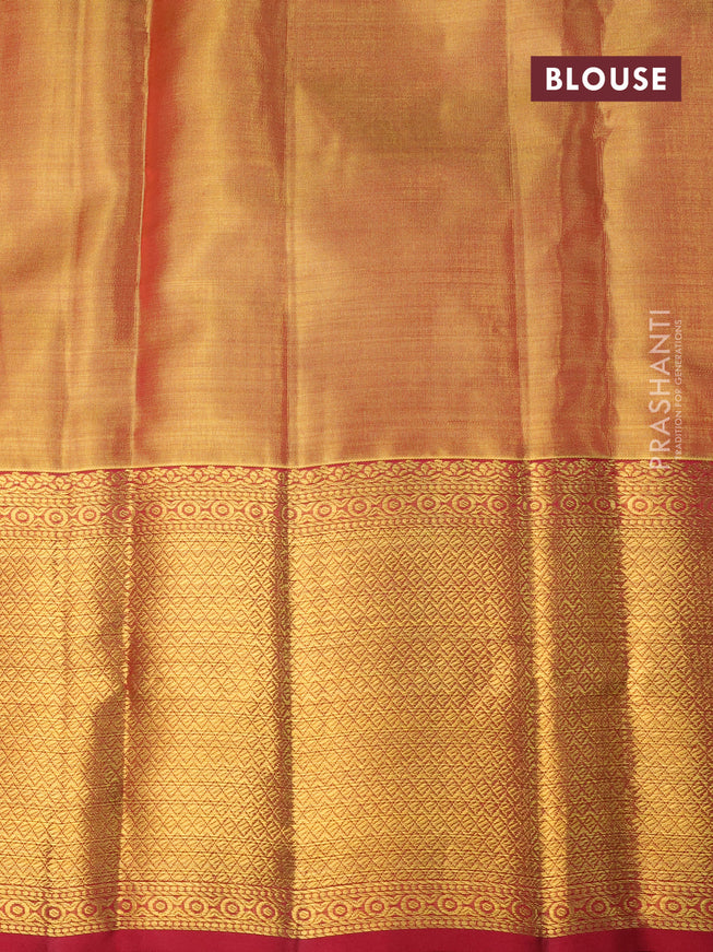 Pure kanchipuram tissue silk saree gold and maroon with allover silver zari woven butta weaves and zari woven border