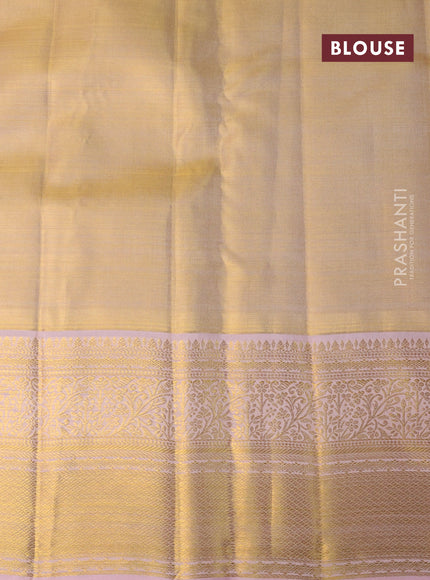 Pure kanchipuram tissue silk saree gold and peach pink with allover silver zari woven butta weaves and zari woven border