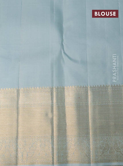 Pure kanchipuram silk saree pastel blue with allover silver zari woven brocade weaves and long zari woven border