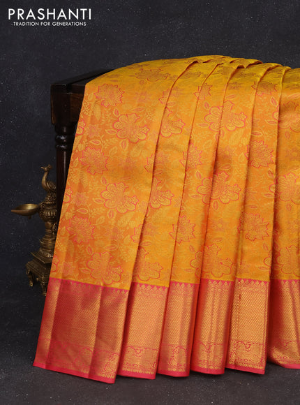 Pure kanchipuram silk saree mustard yellow and pink shade with allover zari woven floral design brocade weaves and zari woven border