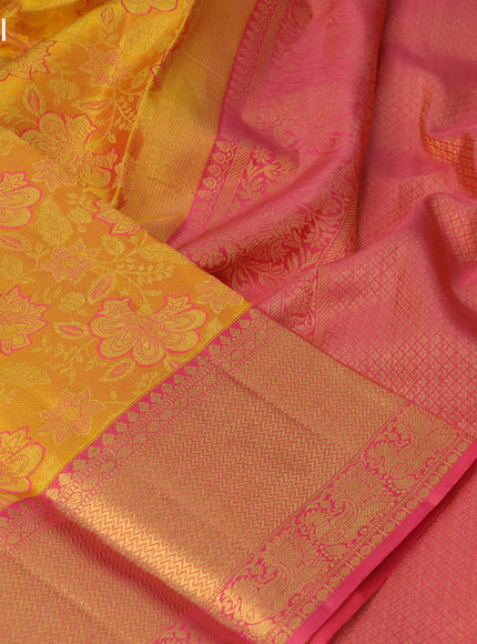 Pure kanchipuram silk saree mustard yellow and pink shade with allover zari woven floral design brocade weaves and zari woven border