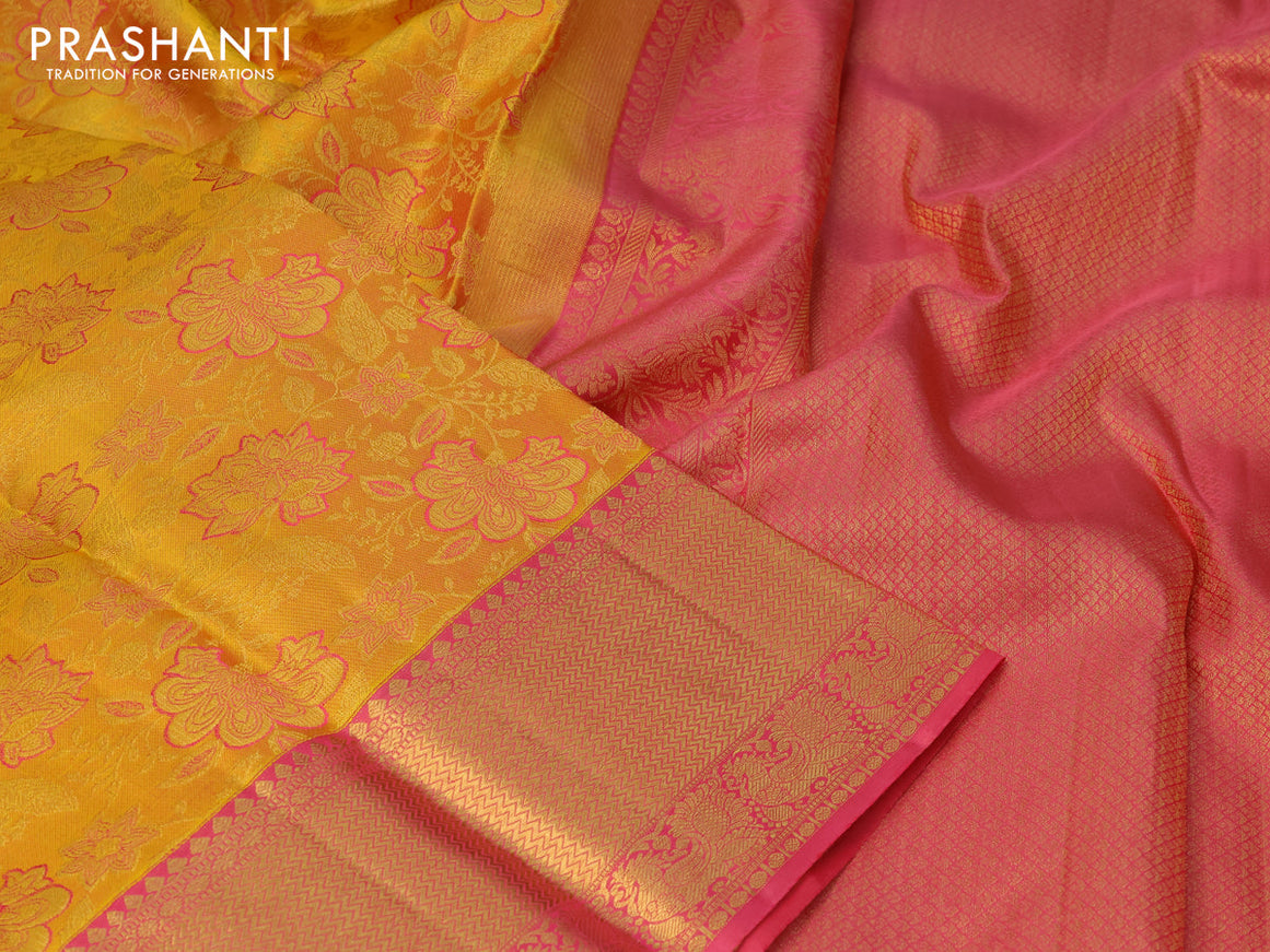 Pure kanchipuram silk saree mustard yellow and pink shade with allover zari woven floral design brocade weaves and zari woven border