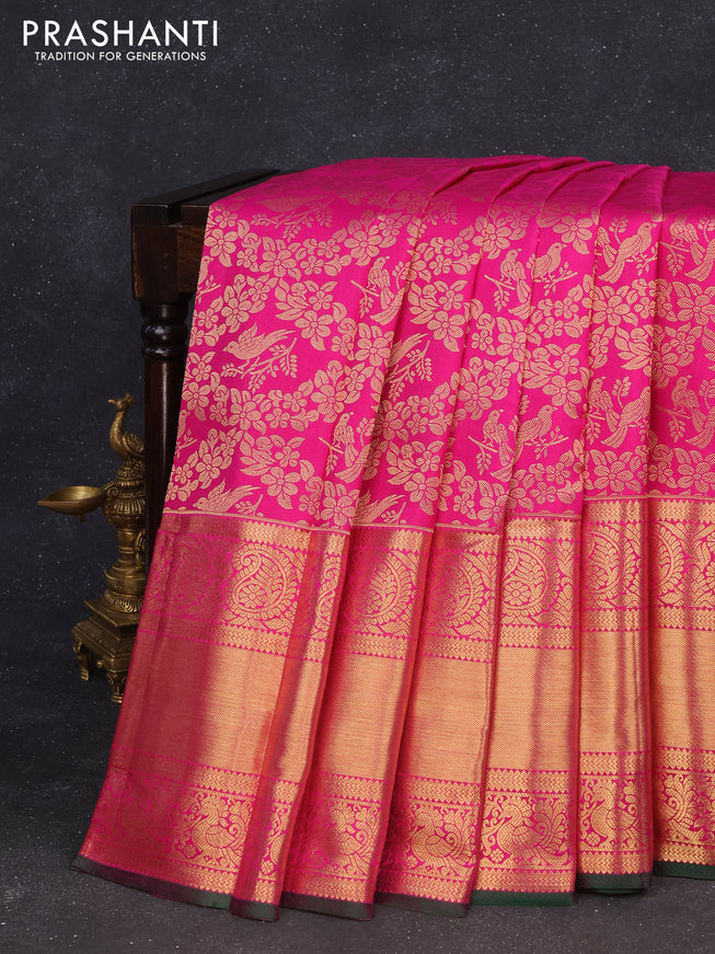 Pure kanchipuram silk saree pink and green with allover zari woven brocade weaves and long zari woven border