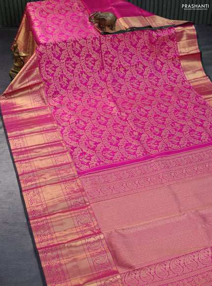 Pure kanchipuram silk saree pink and green with allover zari woven brocade weaves and long zari woven border