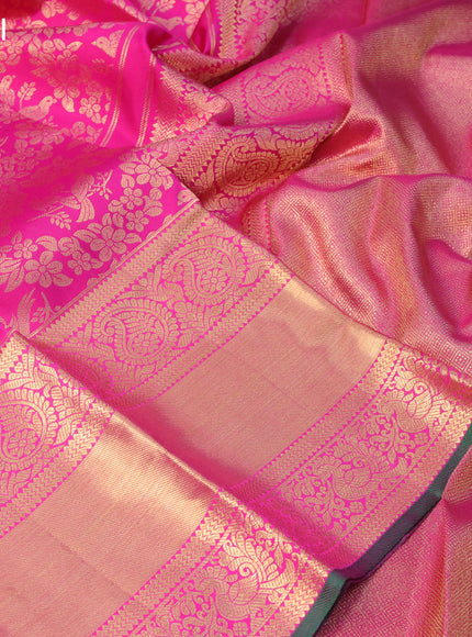 Pure kanchipuram silk saree pink and green with allover zari woven brocade weaves and long zari woven border