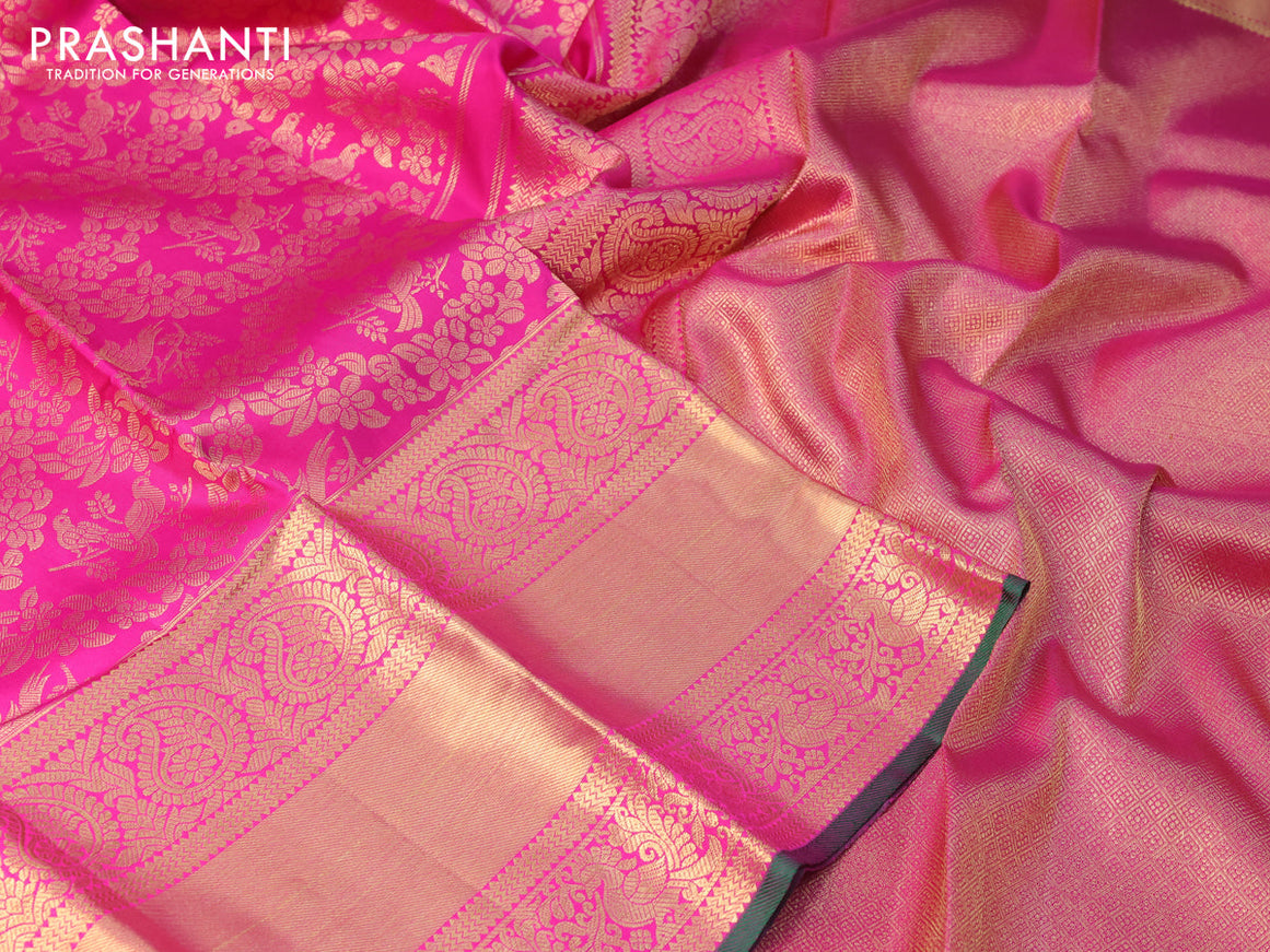 Pure kanchipuram silk saree pink and green with allover zari woven brocade weaves and long zari woven border