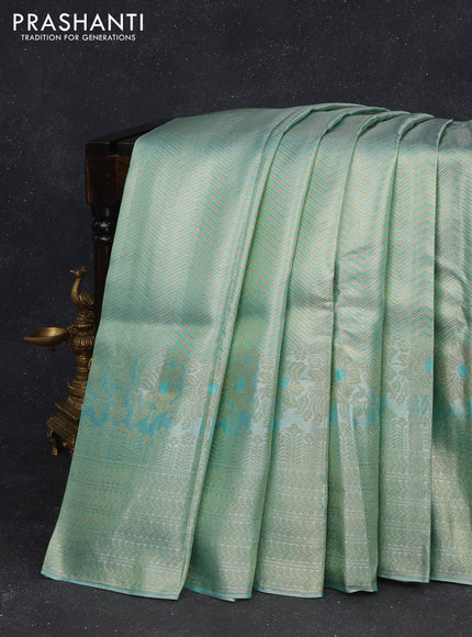 Pure kanchipuram tissue silk saree teal blue with allover zari woven brocade weaves and zari woven border