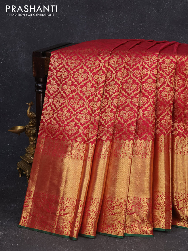 Pure kanchipuram silk saree maroon and green with allover zari woven brocade weaves and long zari woven border