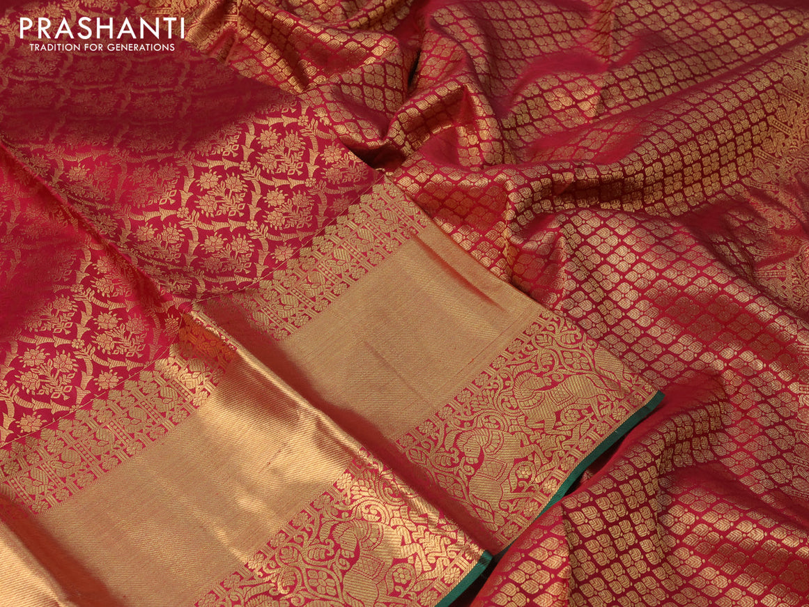 Pure kanchipuram silk saree maroon and green with allover zari woven brocade weaves and long zari woven border