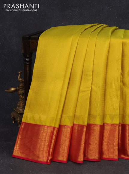 Pure kanchipuram silk saree lime yellow and pink with allover zari woven brocade weaves and zari woven border