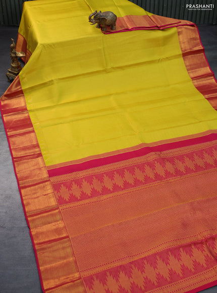 Pure kanchipuram silk saree lime yellow and pink with allover zari woven brocade weaves and zari woven border