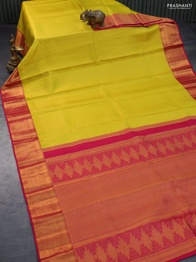 Pure kanchipuram silk saree lime yellow and pink with allover zari woven brocade weaves and zari woven border