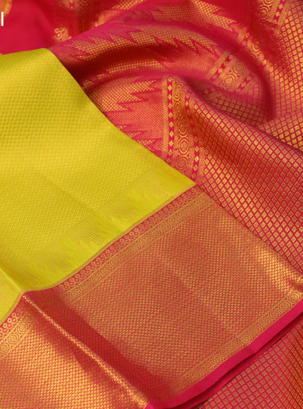 Pure kanchipuram silk saree lime yellow and pink with allover zari woven brocade weaves and zari woven border