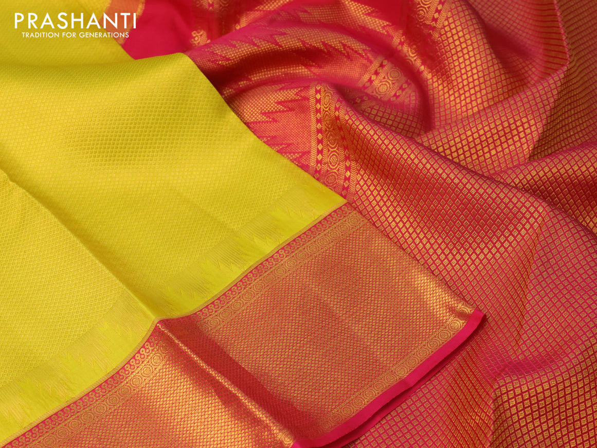 Pure kanchipuram silk saree lime yellow and pink with allover zari woven brocade weaves and zari woven border