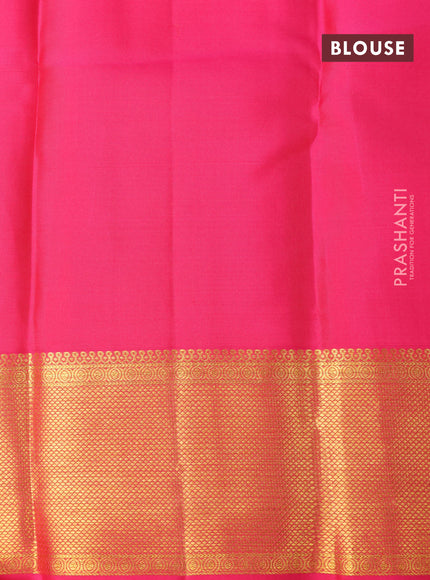 Pure kanchipuram silk saree lime yellow and pink with allover zari woven brocade weaves and zari woven border