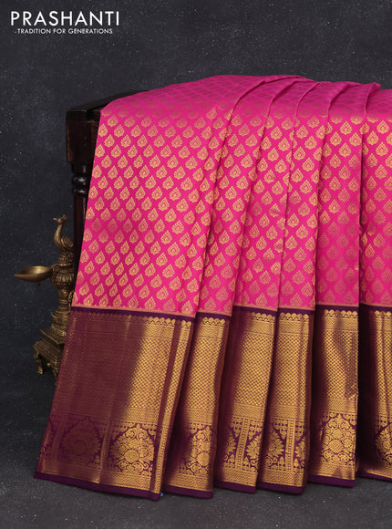 Pure kanchipuram silk saree pink and deep purple with allover zari woven butta weaves and long zari woven border