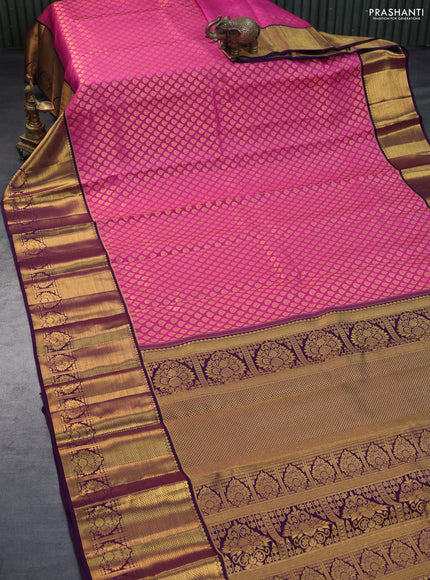 Pure kanchipuram silk saree pink and deep purple with allover zari woven butta weaves and long zari woven border