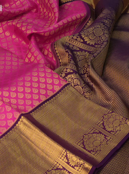 Pure kanchipuram silk saree pink and deep purple with allover zari woven butta weaves and long zari woven border