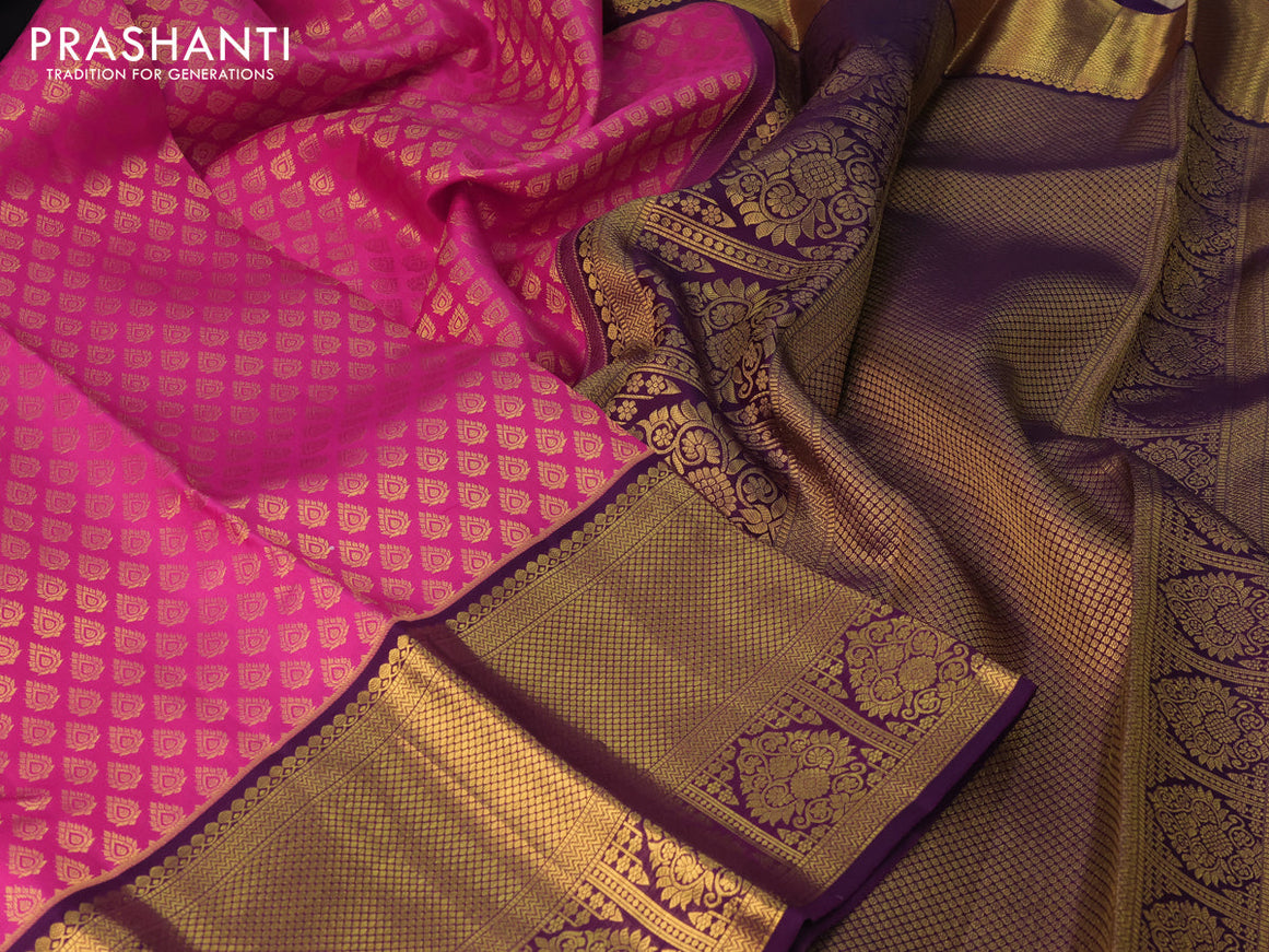 Pure kanchipuram silk saree pink and deep purple with allover zari woven butta weaves and long zari woven border