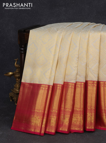 Pure kanchipuram silk saree cream and pink with allover zari woven brocade weaves and long zari woven border