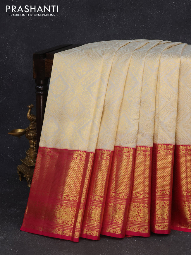 Pure kanchipuram silk saree cream and pink with allover zari woven brocade weaves and long zari woven border