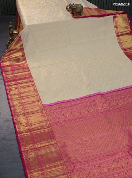 Pure kanchipuram silk saree cream and pink with allover zari woven brocade weaves and long zari woven border