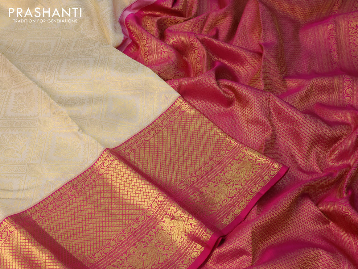 Pure kanchipuram silk saree cream and pink with allover zari woven brocade weaves and long zari woven border