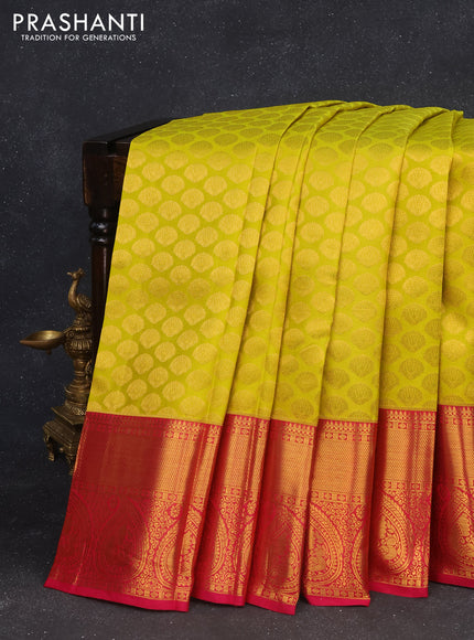 Pure kanchipuram silk saree lime yellow and pink with zari woven buttas and zari woven border