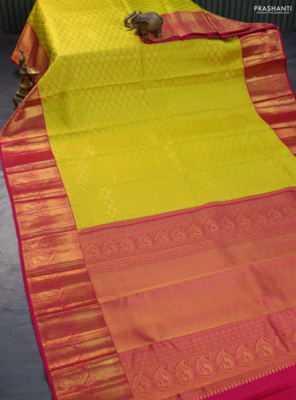 Pure kanchipuram silk saree lime yellow and pink with zari woven buttas and zari woven border