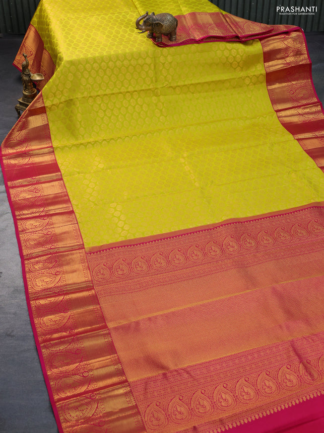 Pure kanchipuram silk saree lime yellow and pink with zari woven buttas and zari woven border