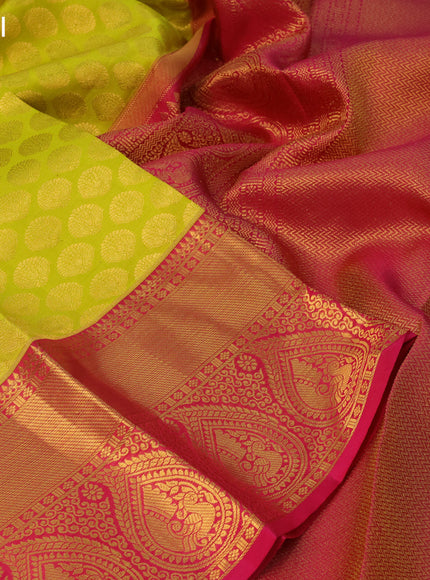 Pure kanchipuram silk saree lime yellow and pink with zari woven buttas and zari woven border