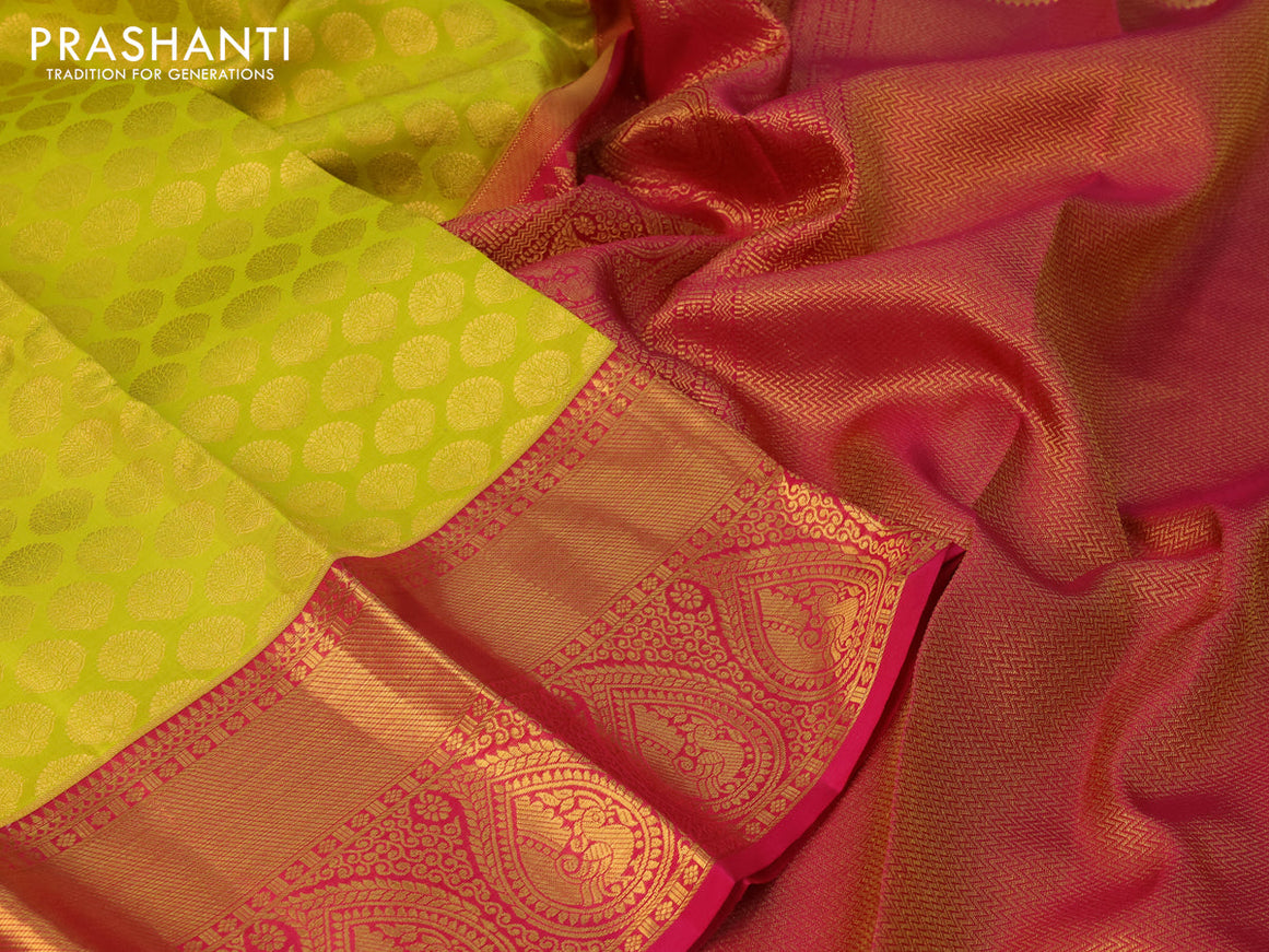 Pure kanchipuram silk saree lime yellow and pink with zari woven buttas and zari woven border