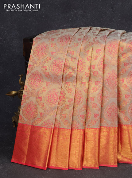 Pure kanchipuram tissue silk saree grey shade and pink shade with allover thread & zari weaves and zari woven border