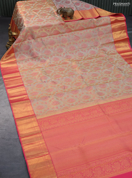 Pure kanchipuram tissue silk saree grey shade and pink shade with allover thread & zari weaves and zari woven border