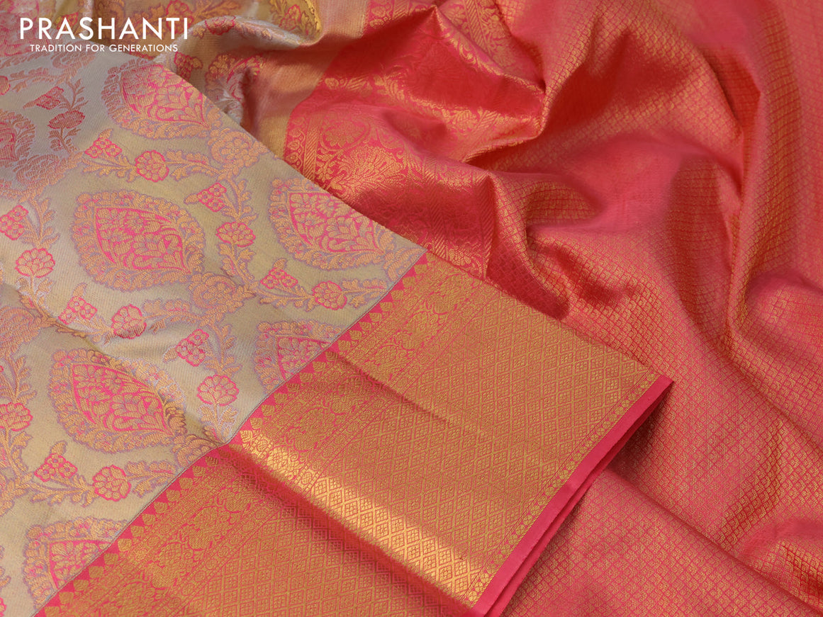 Pure kanchipuram tissue silk saree grey shade and pink shade with allover thread & zari weaves and zari woven border