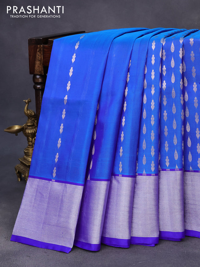 Venkatagiri silk saree dual shade of blue and blue with allover silver zari woven buttas and silver zari woven border