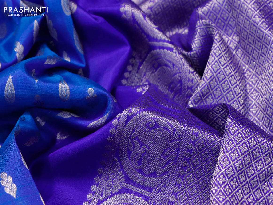 Venkatagiri silk saree dual shade of blue and blue with allover silver zari woven buttas and silver zari woven border