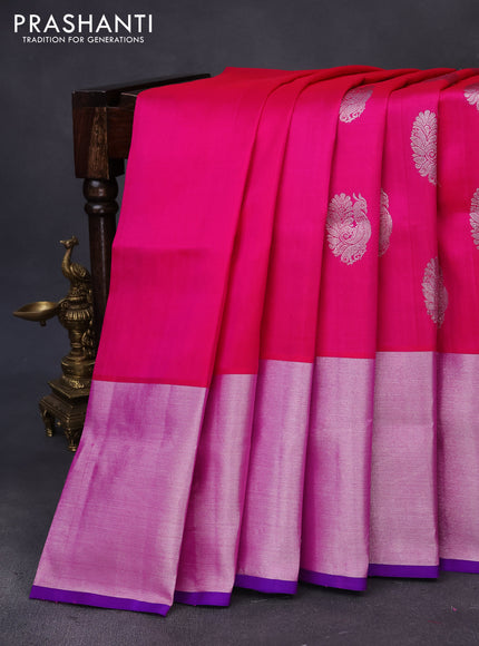 Venkatagiri silk saree candy pink and blue with annam silver zari woven buttas and long silver zari woven border