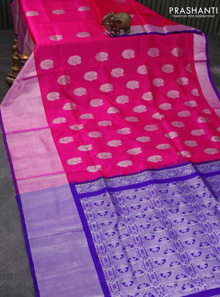 Venkatagiri silk saree candy pink and blue with annam silver zari woven buttas and long silver zari woven border