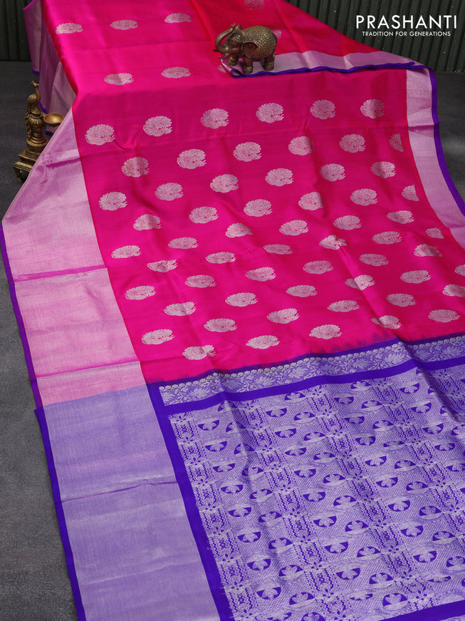 Venkatagiri silk saree candy pink and blue with annam silver zari woven buttas and long silver zari woven border