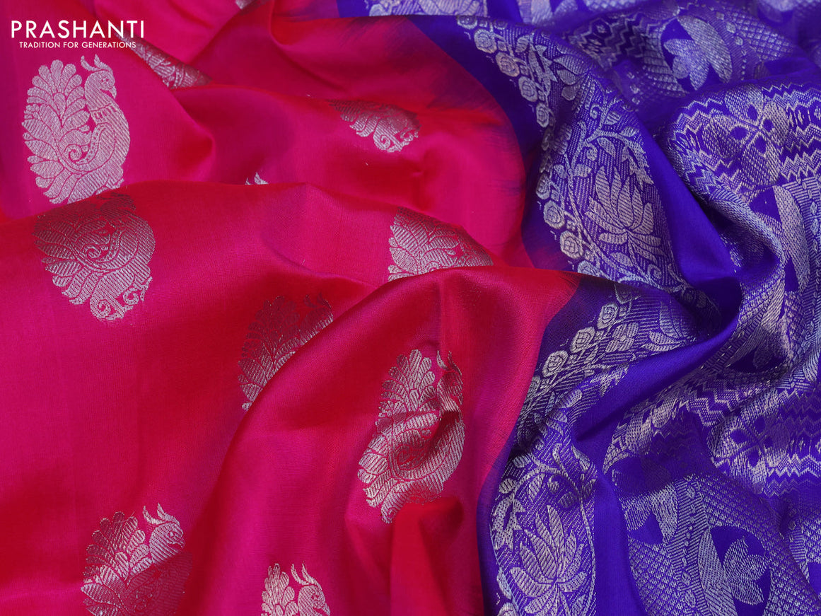 Venkatagiri silk saree candy pink and blue with annam silver zari woven buttas and long silver zari woven border