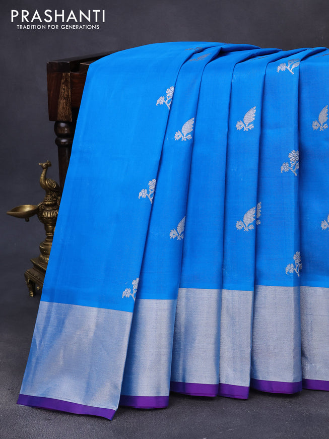 Venkatagiri silk saree cs blue and purple with allover silver zari woven floral buttas and silver zari woven border