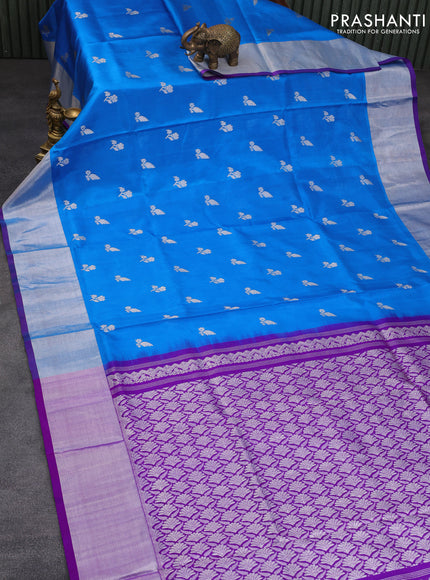 Venkatagiri silk saree cs blue and purple with allover silver zari woven floral buttas and silver zari woven border