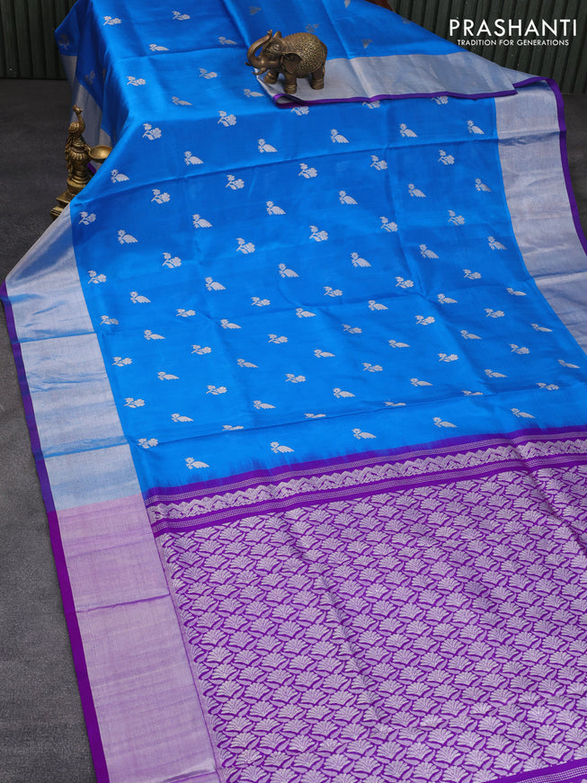 Venkatagiri silk saree cs blue and purple with allover silver zari woven floral buttas and silver zari woven border