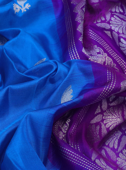 Venkatagiri silk saree cs blue and purple with allover silver zari woven floral buttas and silver zari woven border