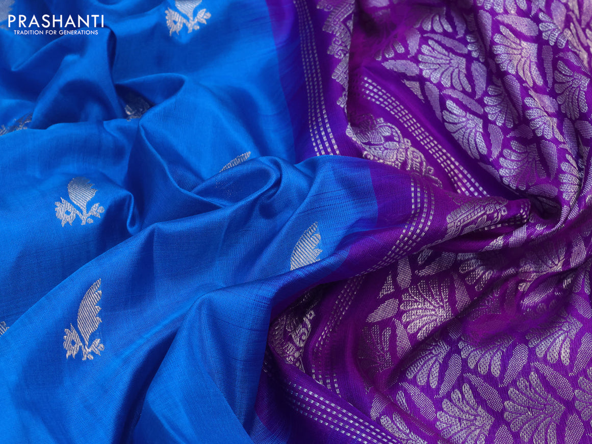 Venkatagiri silk saree cs blue and purple with allover silver zari woven floral buttas and silver zari woven border